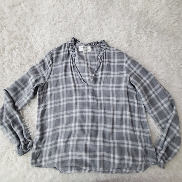 Anthropologie Cloth & Stone Plaid Ruffle Collar Top - Picture 7 of 13